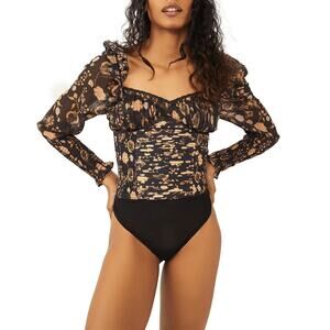 New Intimately x Free People Floral Bodysuit Top Black Gold Long Sleeve Sz S